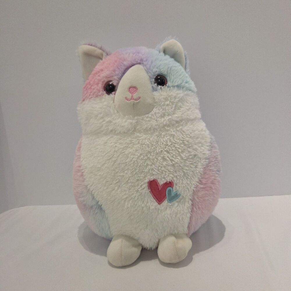 Kellytoy Kitty Cat Chubby Fat Plush Pastel Rainbow Tie Dye 2 Hearts Stuffed 12"
